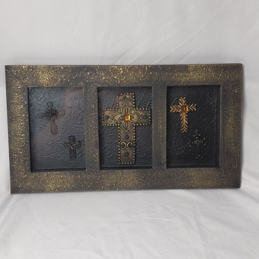 Rustic Gothic Multi Cross Shadow Box Framed Wall Decor Vintage Distressed 13"